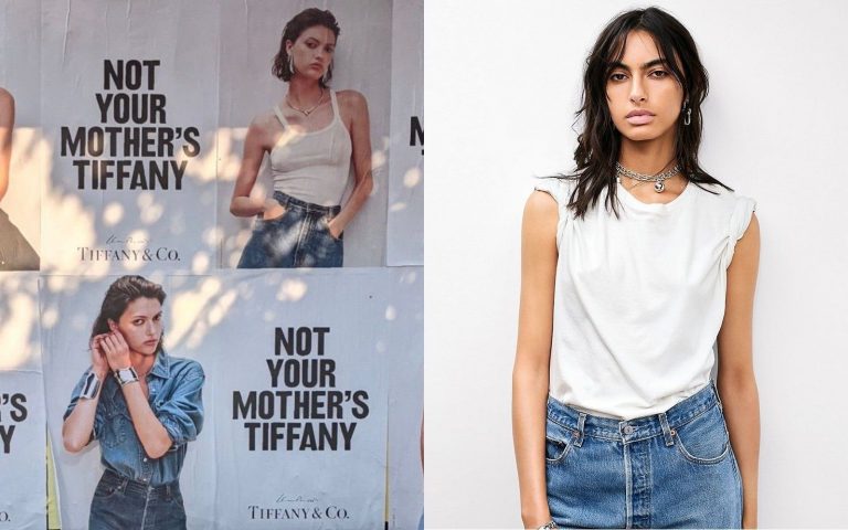 Picture showing the Not Your Mother's Tiffany billboard ads next to a young model wearing Tiffany jewellery